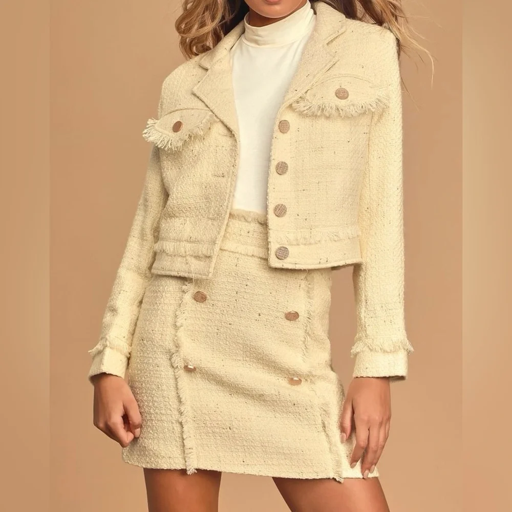 LULUS Prim and Proper Cream Tweed Jacket Size L